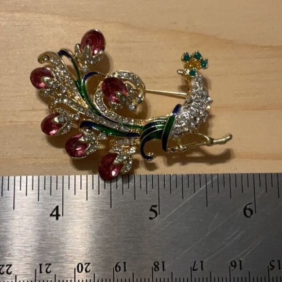 Gold-Tone Peacock Brooch With Multicolor Rhinestones & Green Enamel - Picture 3 of 3